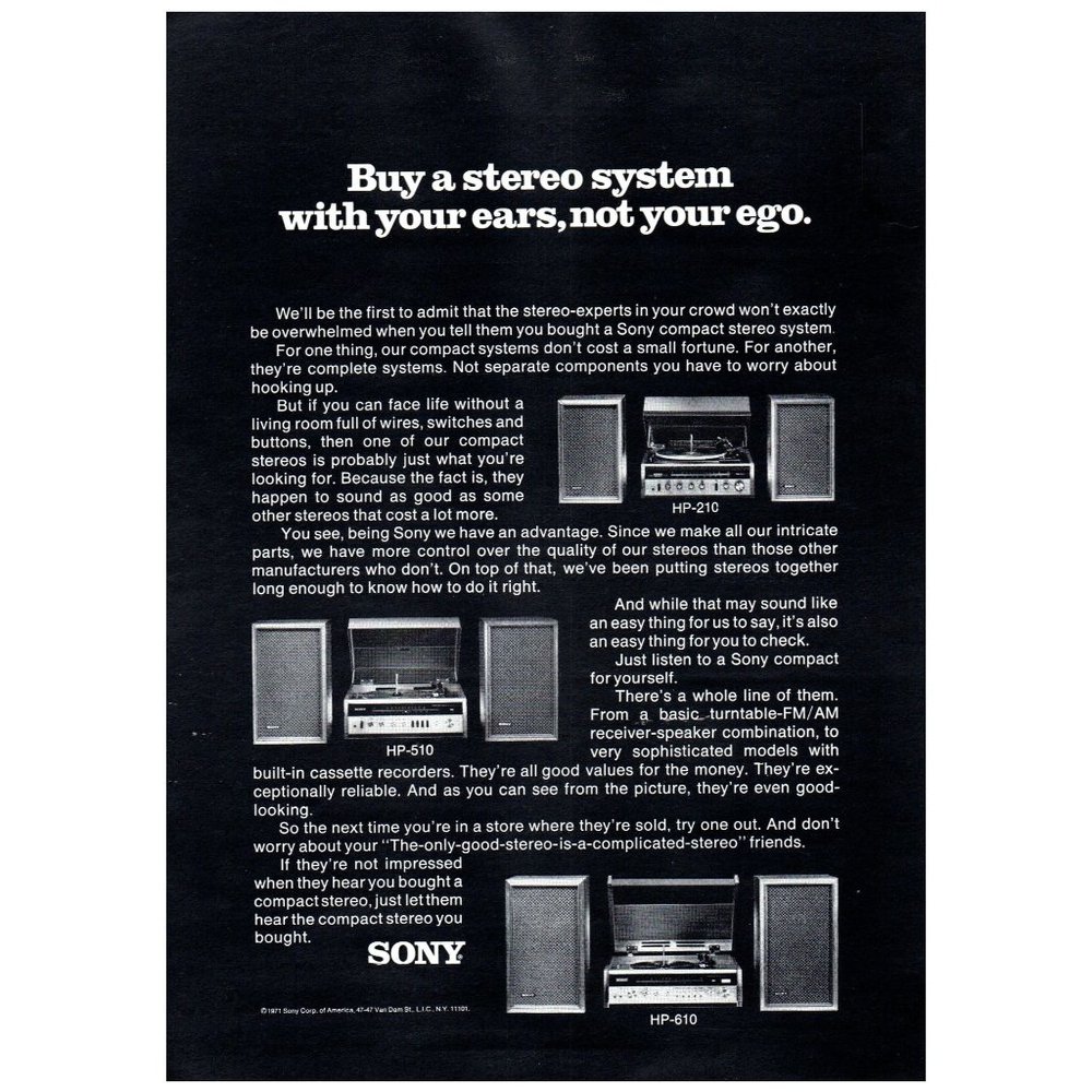 1972 Sony Buy Stereo System With Ears, Not Ego Vintage Print Ad Audiophile Art